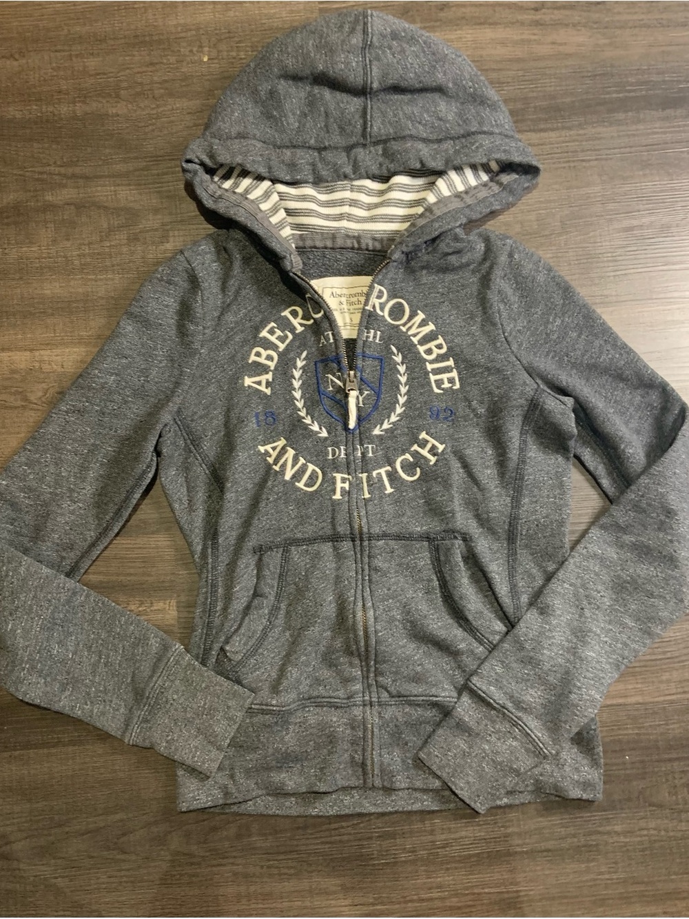 Abercrombie & Fitch Dark Gray Zip Hoodie with Striped Hood Lining